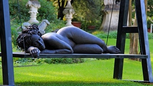 statua, donna, verde, altalena, scultura, nudo, panca, prato, giardino