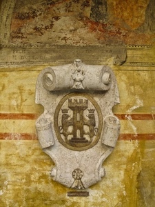 stemma, leoni, torre, muro, corone, marmo, affreschi, giallo, ovale, pietra, affresco, oro, due, righe, parete